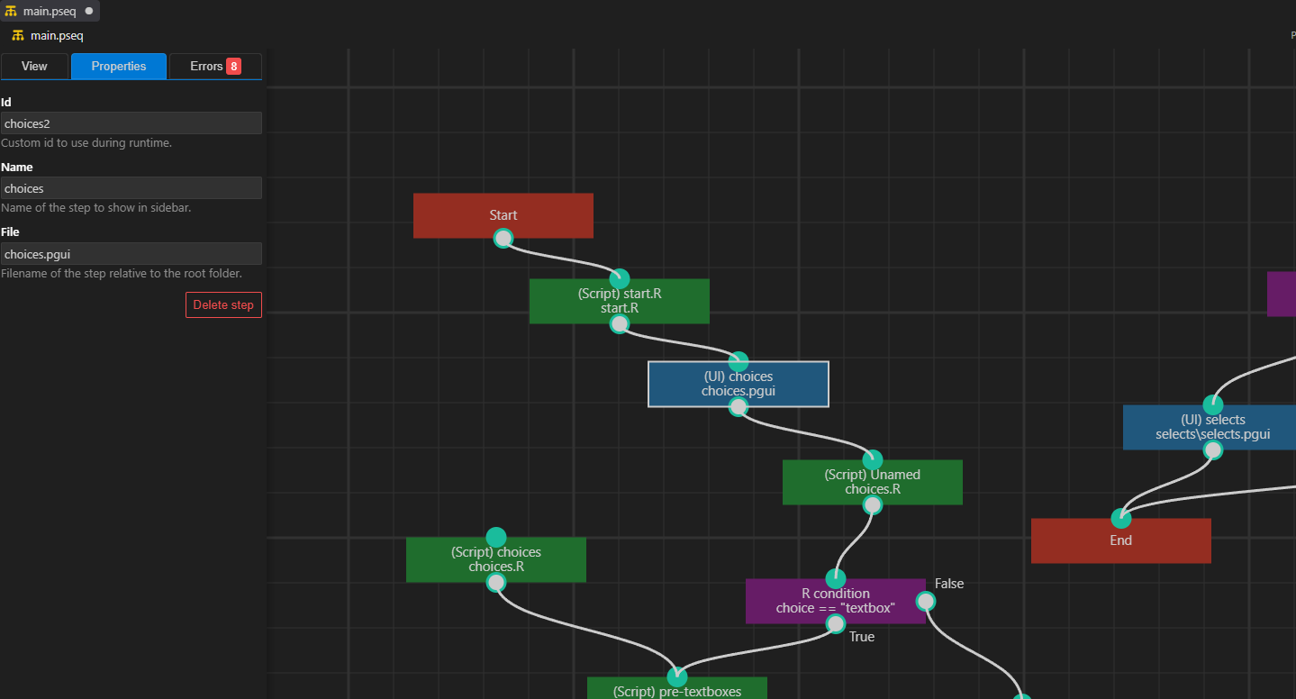 Apleno Designer workflow editor connecting UI screens, R scripts and conditions