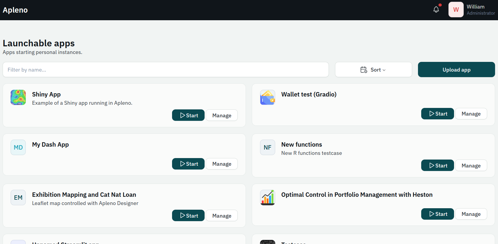 Apleno Server app catalog listing Apleno, Shiny, Dash, Streamlit and Gradio apps